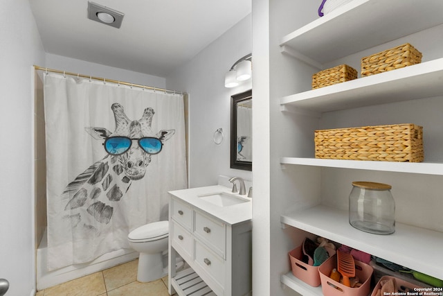 full bathroom with toilet, shower / bath combination with curtain, vanity, and tile patterned floors