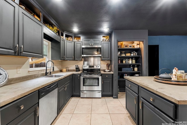 kitchen featuring wood counters, appliances with stainless steel finishes, sink, light tile patterned floors, and gray cabinets