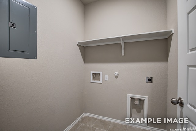 laundry area featuring electric panel, washer hookup, light tile patterned floors, gas dryer hookup, and electric dryer hookup