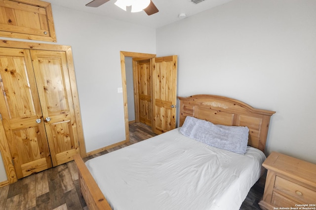 858 Ranch Rd 187, Sabinal, TX 78881 - bedroom with a ceiling fan, visible vents, and dark wood-style floors