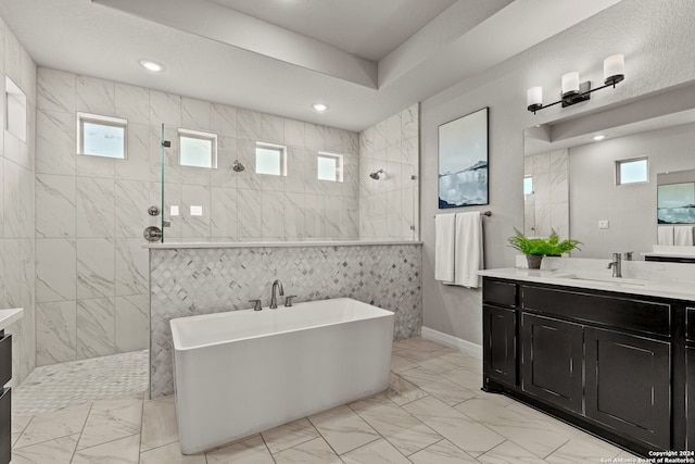 bathroom featuring vanity and plus walk in shower