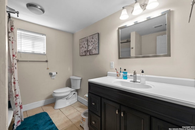 full bathroom with visible vents, baseboards, toilet, vanity, and tile patterned flooring
