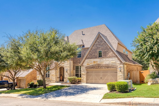 view of front of property with a garage, cooling unit, and a front lawn