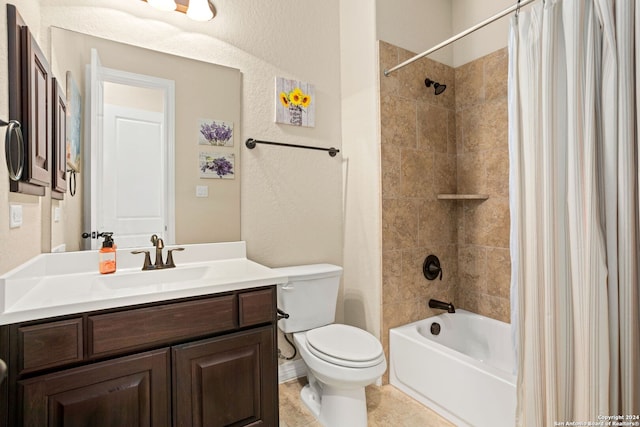 full bathroom featuring vanity, shower / tub combo, toilet, and tile patterned floors