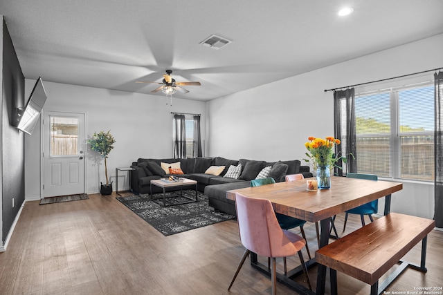 living room featuring ceiling fan and light wood-type flooring