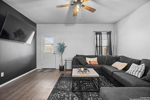 living room with ceiling fan and dark hardwood / wood-style flooring