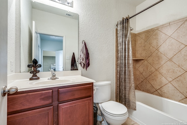 full bathroom featuring vanity, toilet, and shower / bathtub combination with curtain