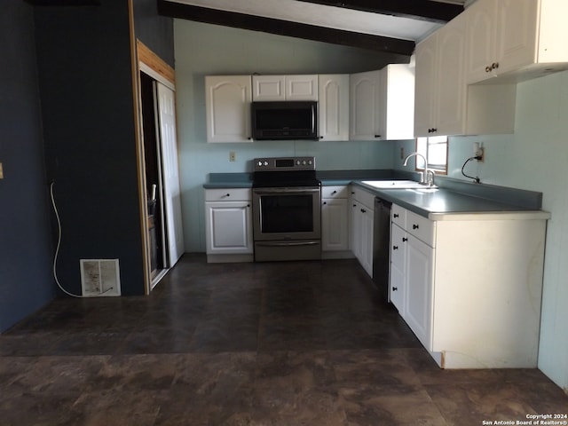 kitchen featuring sink, white cabinets, stainless steel appliances, and lofted ceiling with beams