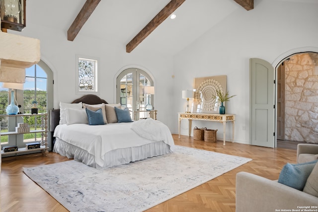 bedroom with beamed ceiling, french doors, parquet floors, and high vaulted ceiling