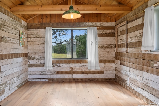 interior space with beamed ceiling, wood-type flooring, wooden ceiling, and wood walls