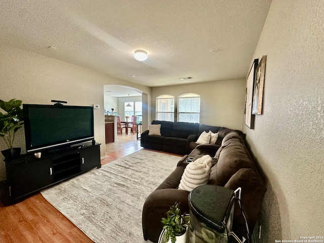 living room with wood-type flooring and a textured ceiling