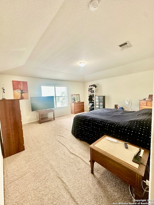 bedroom with a textured ceiling and carpet flooring