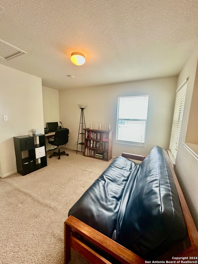 carpeted living room featuring a textured ceiling