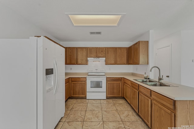 kitchen with white appliances, sink, and kitchen peninsula