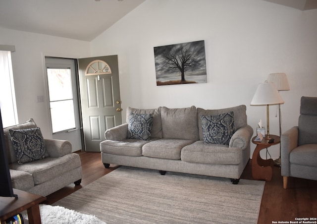 living room with lofted ceiling and dark wood-type flooring