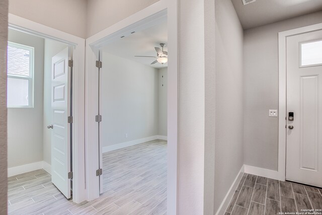 foyer with light hardwood / wood-style floors, a healthy amount of sunlight, and ceiling fan