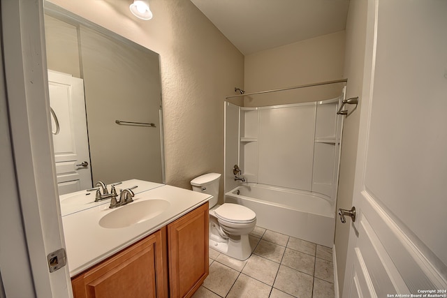 full bathroom with toilet, shower / tub combination, vanity, and tile patterned flooring