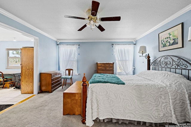 carpeted bedroom featuring ceiling fan, ornamental molding, and multiple windows