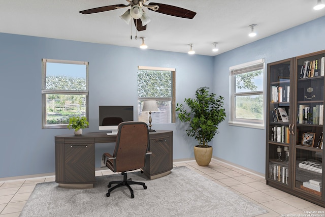 tiled office with ceiling fan