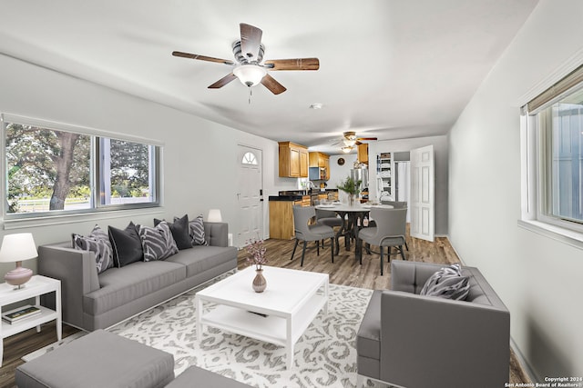 living room with hardwood / wood-style flooring and ceiling fan