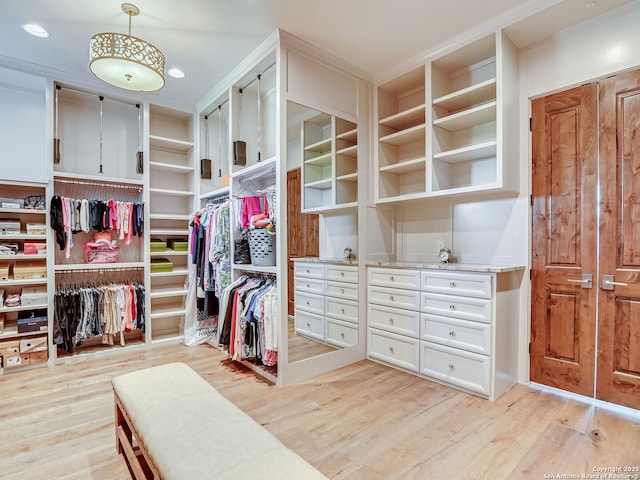 spacious closet featuring light hardwood / wood-style floors