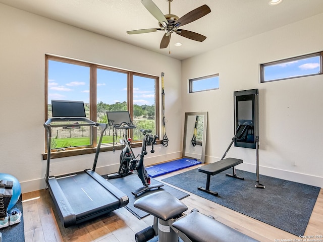 workout area with ceiling fan and wood-type flooring