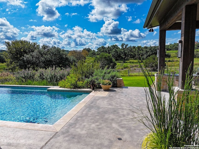 view of swimming pool with a yard and a patio