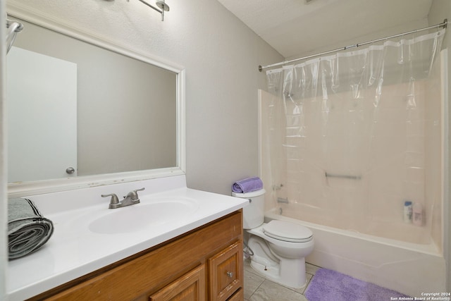 full bathroom featuring shower / tub combo, a textured ceiling, toilet, vanity, and tile patterned flooring