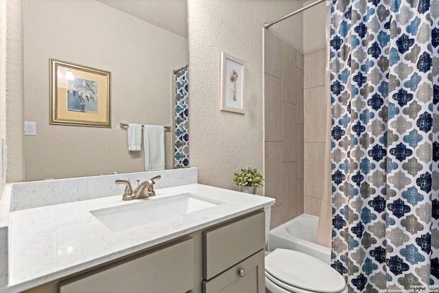 full bathroom with toilet, vanity, and shower / bathtub combination with curtain