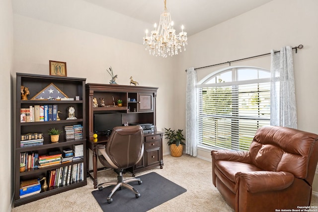 carpeted office space featuring a notable chandelier