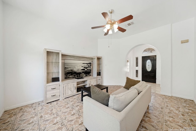 living room with ceiling fan