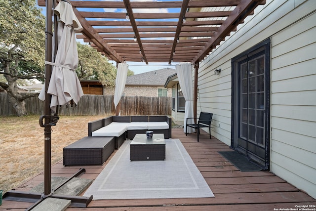 wooden terrace featuring an outdoor hangout area and a pergola