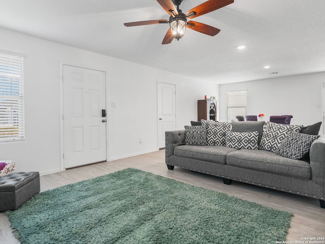 living room with ceiling fan and hardwood / wood-style floors