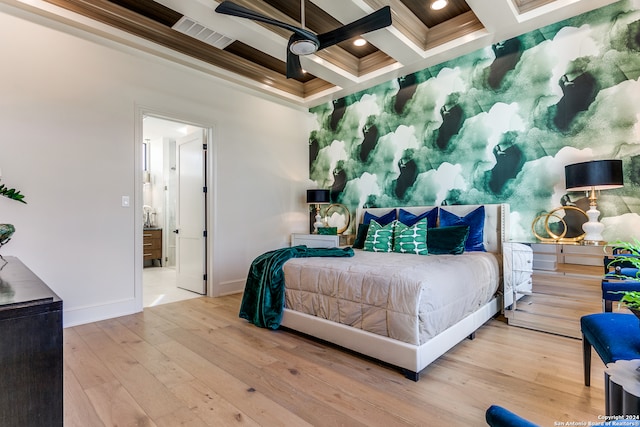 bedroom featuring coffered ceiling, beamed ceiling, wood-type flooring, crown molding, and ceiling fan