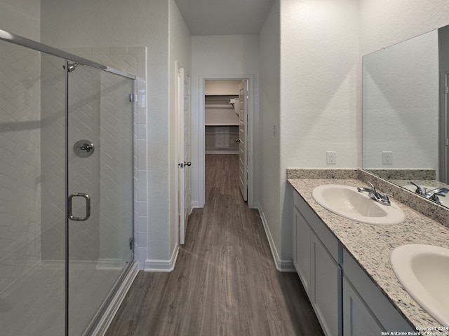 bathroom with walk in shower, wood-type flooring, and vanity