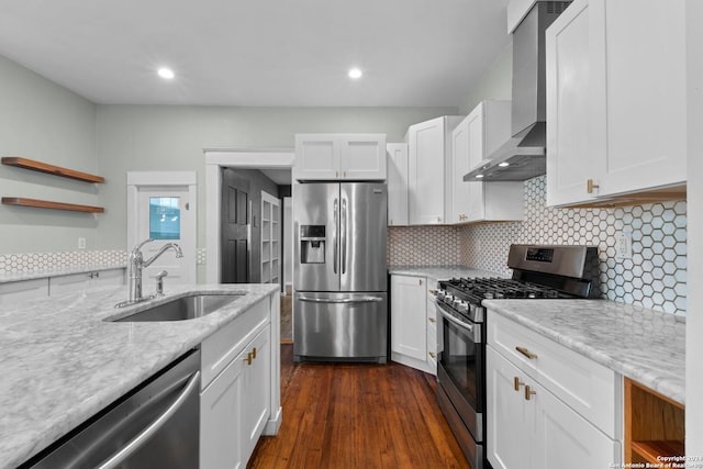 214 Loretta Pl, San Antonio, TX 78210 - kitchen with appliances with stainless steel finishes, a sink, open shelves, wall chimney range hood, and white cabinetry