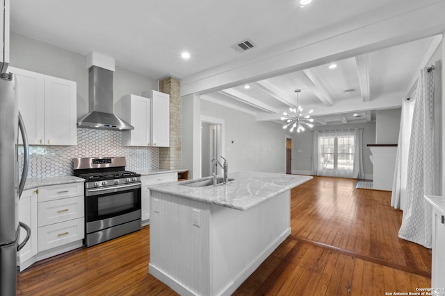 214 Loretta Pl, San Antonio, TX 78210 - kitchen featuring appliances with stainless steel finishes, wall chimney exhaust hood, a sink, tasteful backsplash, and white cabinets