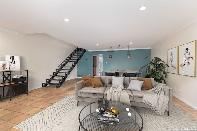 tiled living room with ornamental molding