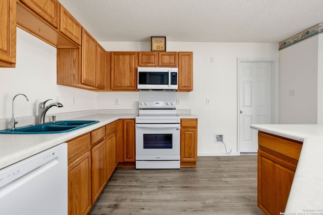 kitchen with sink, light hardwood / wood-style flooring, a textured ceiling, and white appliances