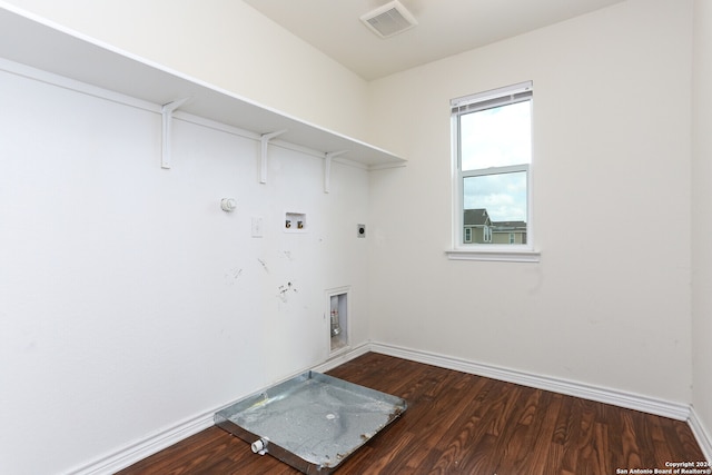 laundry room with gas dryer hookup, hookup for an electric dryer, hookup for a washing machine, and dark hardwood / wood-style flooring