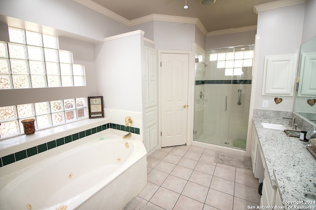 bathroom featuring tile patterned flooring, vanity, ornamental molding, and shower with separate bathtub