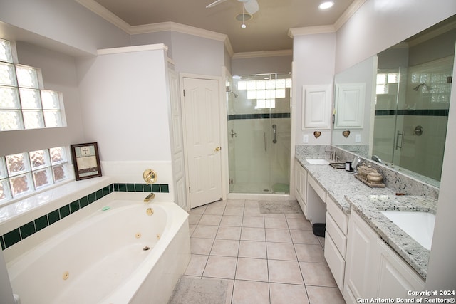 bathroom with plenty of natural light, ornamental molding, shower with separate bathtub, and vanity