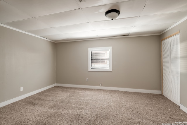 carpeted spare room with crown molding