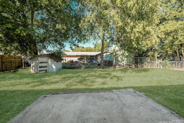 view of yard featuring a storage shed and a patio