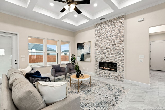 living room featuring beamed ceiling, coffered ceiling, a stone fireplace, and ornamental molding