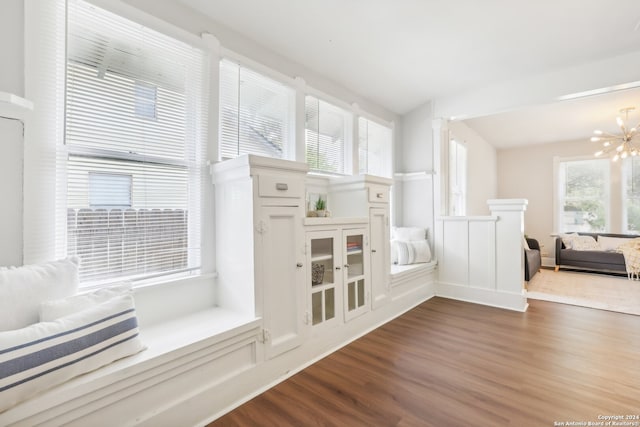 interior space featuring a wealth of natural light, a chandelier, and wood-type flooring