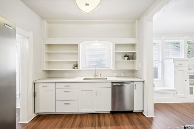 kitchen featuring dark hardwood / wood-style floors, sink, built in features, stainless steel dishwasher, and white cabinets