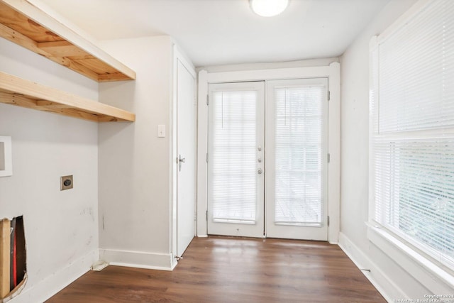 1112 W Huisache Ave, San Antonio, TX 78201 - clothes washing area featuring hookup for an electric dryer, dark wood finished floors, french doors, and laundry area