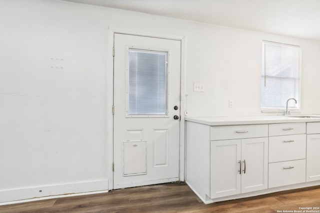 doorway to outside with dark hardwood / wood-style floors and sink