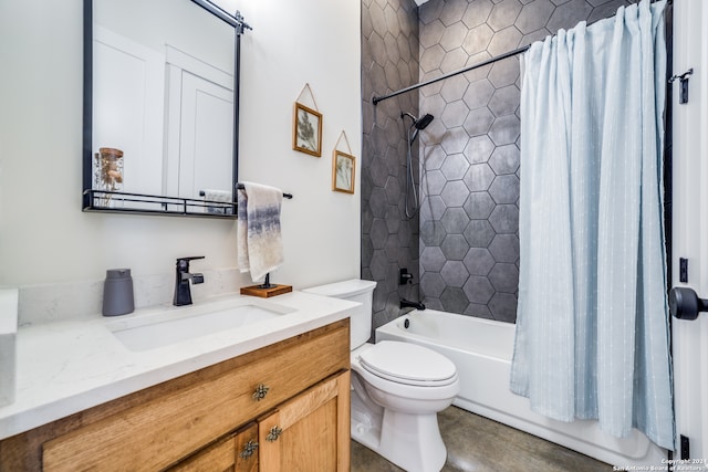 full bathroom with vanity, shower / bath combination with curtain, and toilet